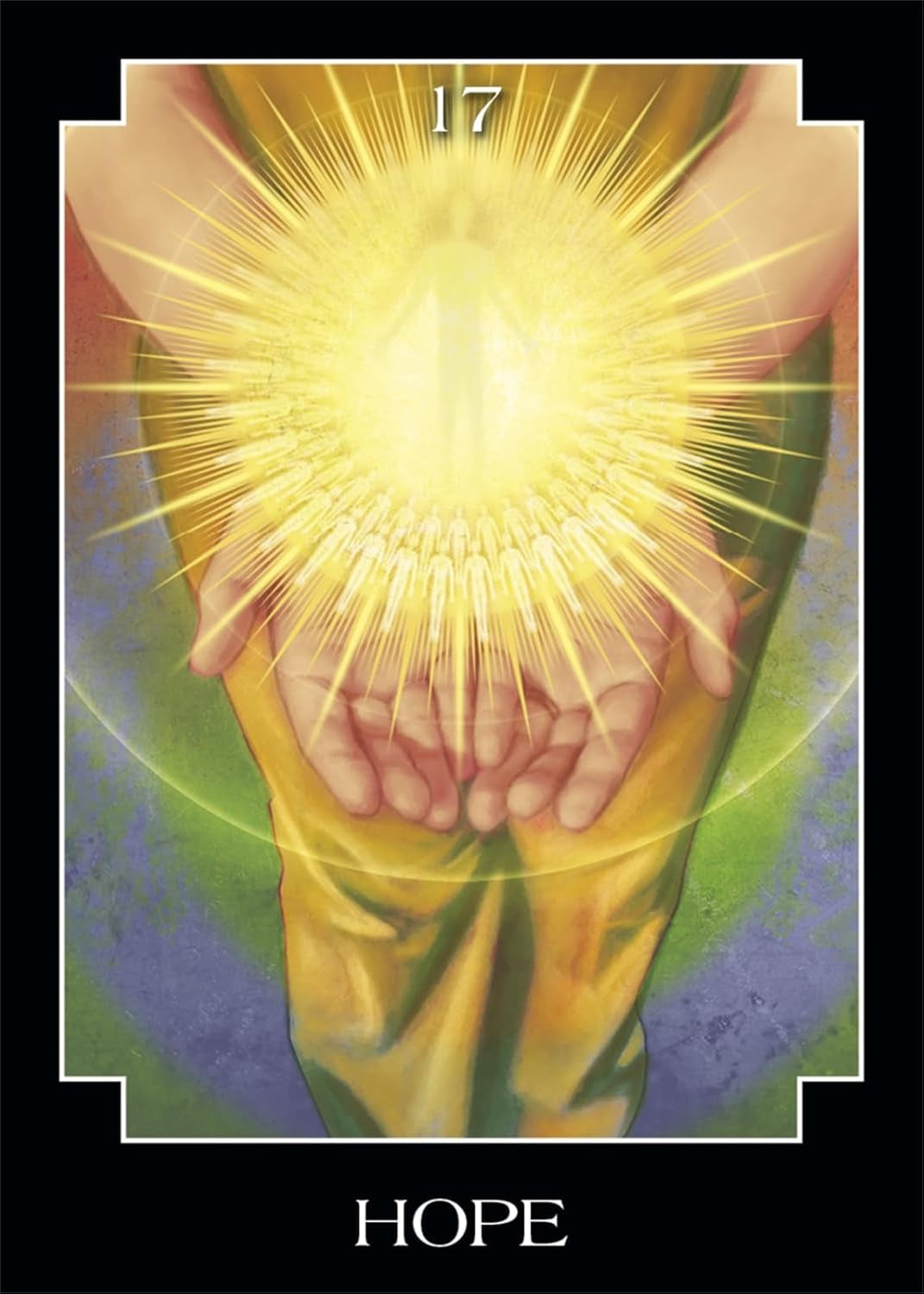 Card with hands holding a radiant light, labeled 'Hope' and numbered '17'.