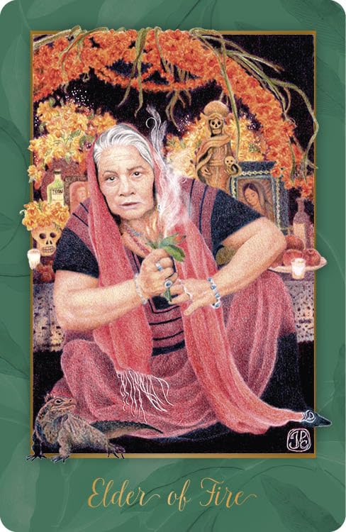 Card featuring a person holding a flame with decorative elements and text 'Elder of Fire' on a green border.