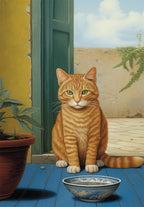 Painting of an orange tabby cat sitting on a blue floor with a bowl and plant.