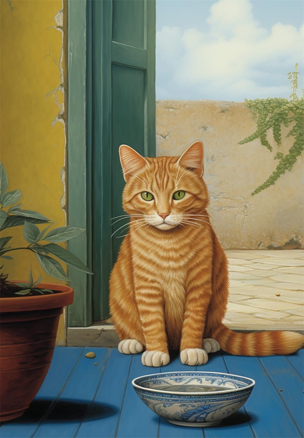 Painting of an orange tabby cat sitting on a blue floor with a bowl and plant.