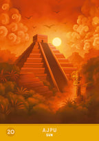 Pyramid in a jungle with a fiery orange sky and 'AJPU' text at the bottom.