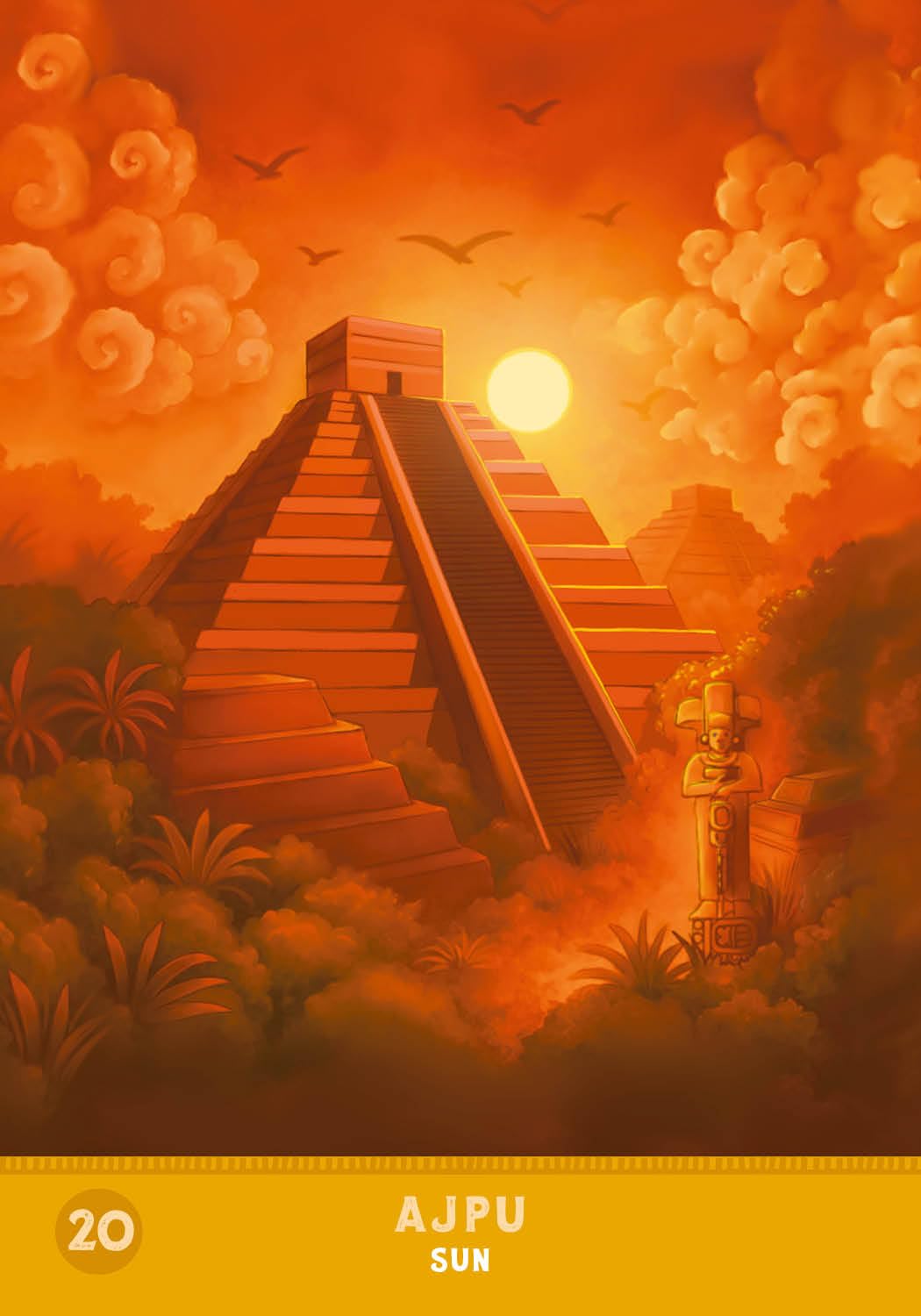 Pyramid in a jungle with a fiery orange sky and 'AJPU' text at the bottom.