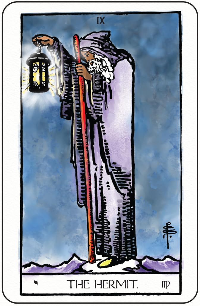 Tarot card featuring a figure known as 'The Hermit' holding a staff and lantern against a blue sky.