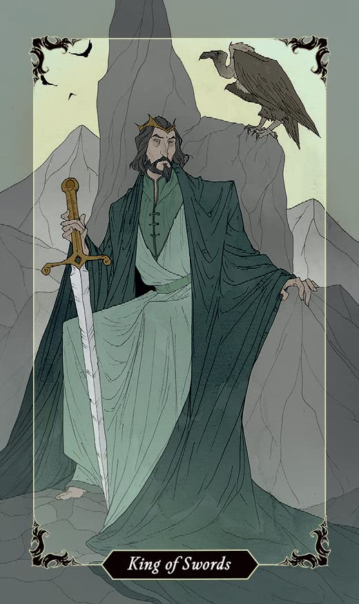 King of Swords tarot card with a figure holding a sword and a bird in a mountainous landscape
