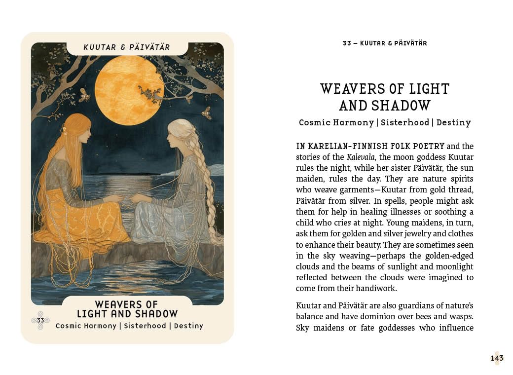 Illustration of two women sitting under a moonlit sky with text about Kuuhtar and Paivätär, cosmic harmony, sisterhood, and destiny.