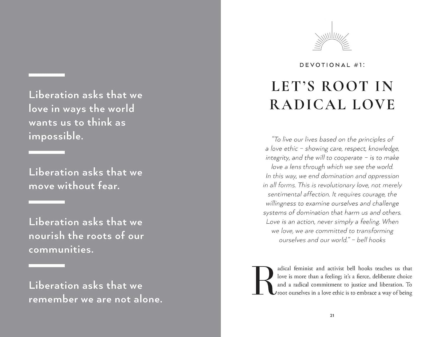 Devotional page with text on radical love and liberation