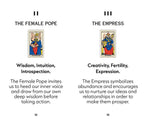 A two-page spread from a book or booklet showing tarot card illustrations and text titled 'THE FEMALE POPE' and 'THE EMPRESS,' with descriptive copy beneath each card on a white background.