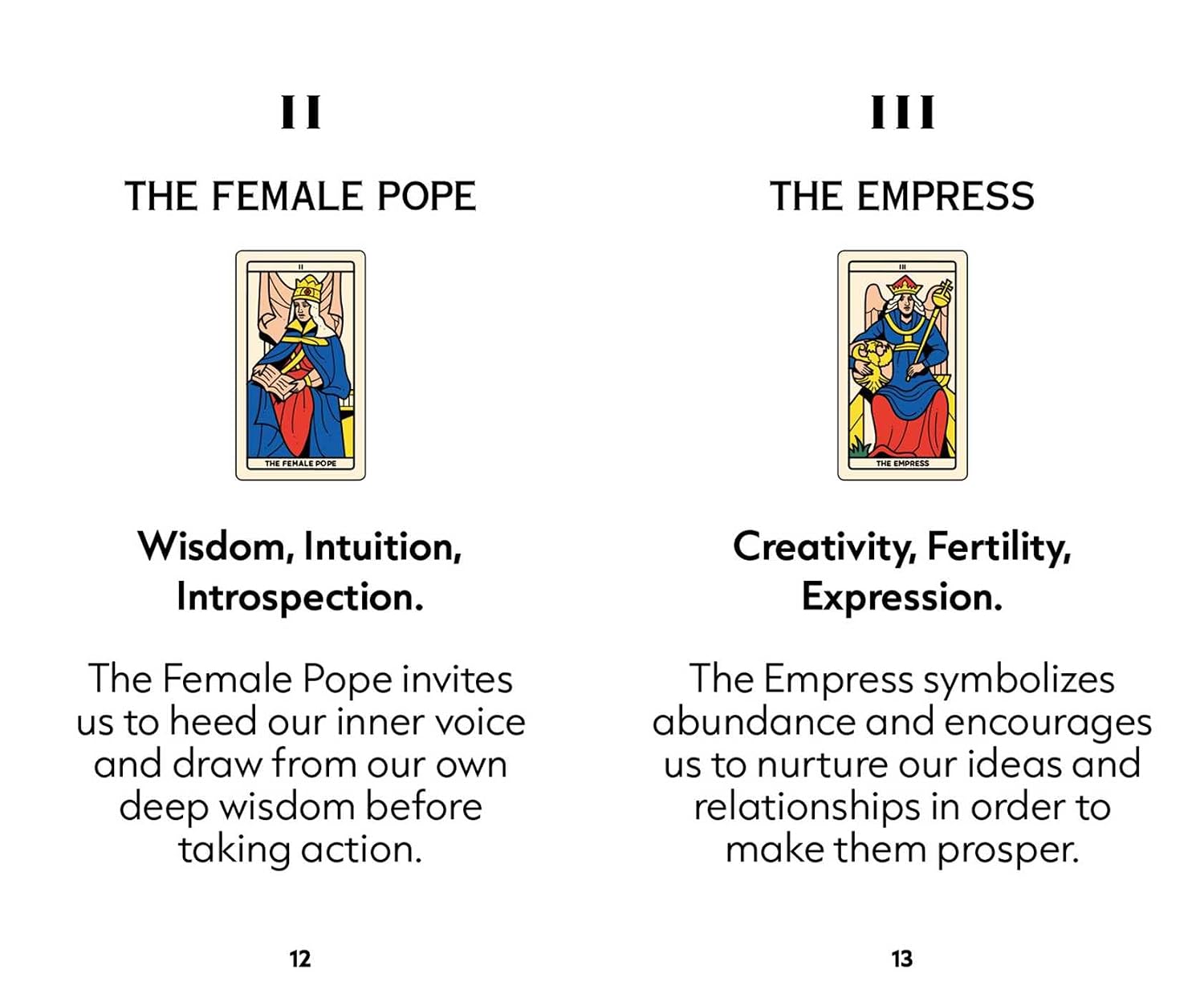 A two-page spread from a book or booklet showing tarot card illustrations and text titled 'THE FEMALE POPE' and 'THE EMPRESS,' with descriptive copy beneath each card on a white background.