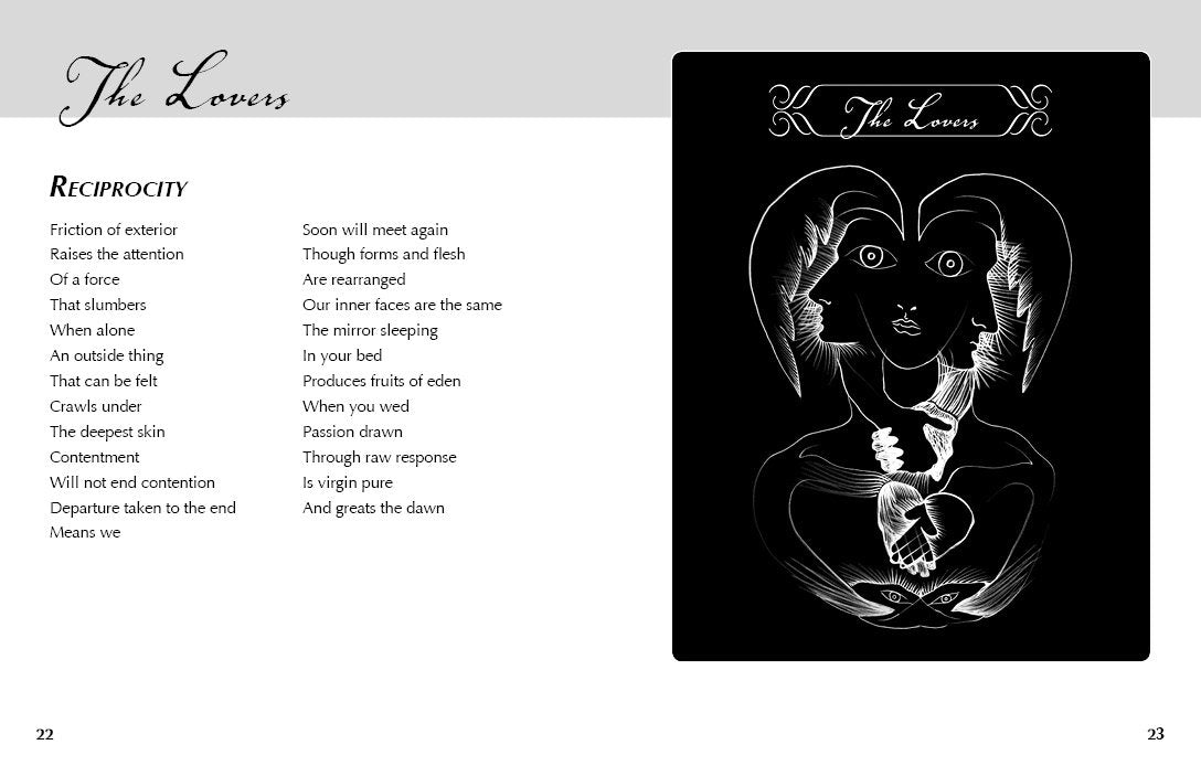 Tarot card illustration titled 'The Lovers' with text on reciprocity and relationship dynamics.