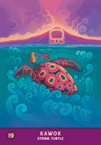 Colorful illustration of a turtle in the ocean with a stylized cloud and sun above, featuring the text 'Kawok Storm Turtle' at the bottom.