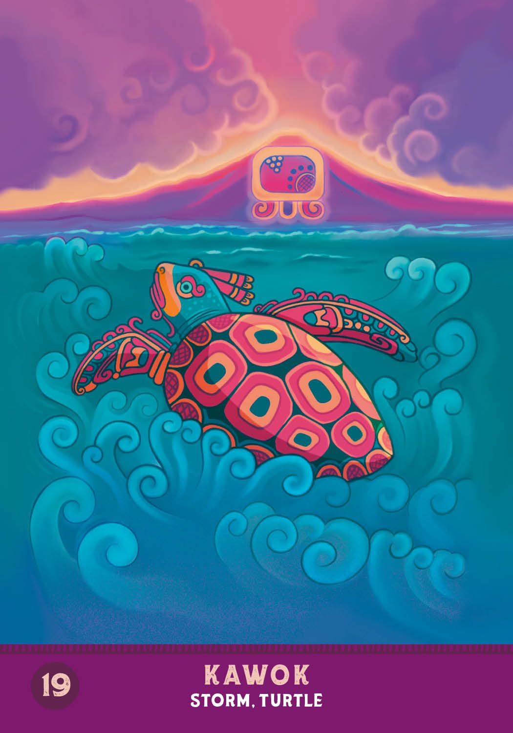 Colorful illustration of a turtle in the ocean with a stylized cloud and sun above, featuring the text 'Kawok Storm Turtle' at the bottom.