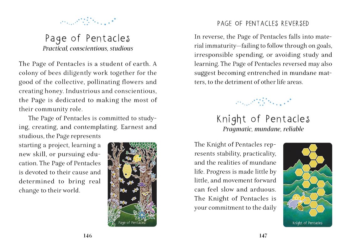 Page from a book about tarot cards with illustrations and text on Pentacles card meanings.