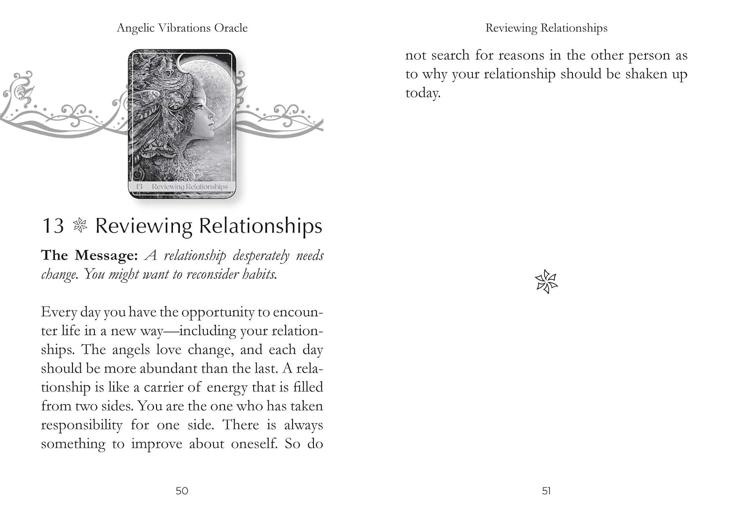 Page from an oracle card deck titled 'Reviewing Relationships' with text and a tarot card illustration.