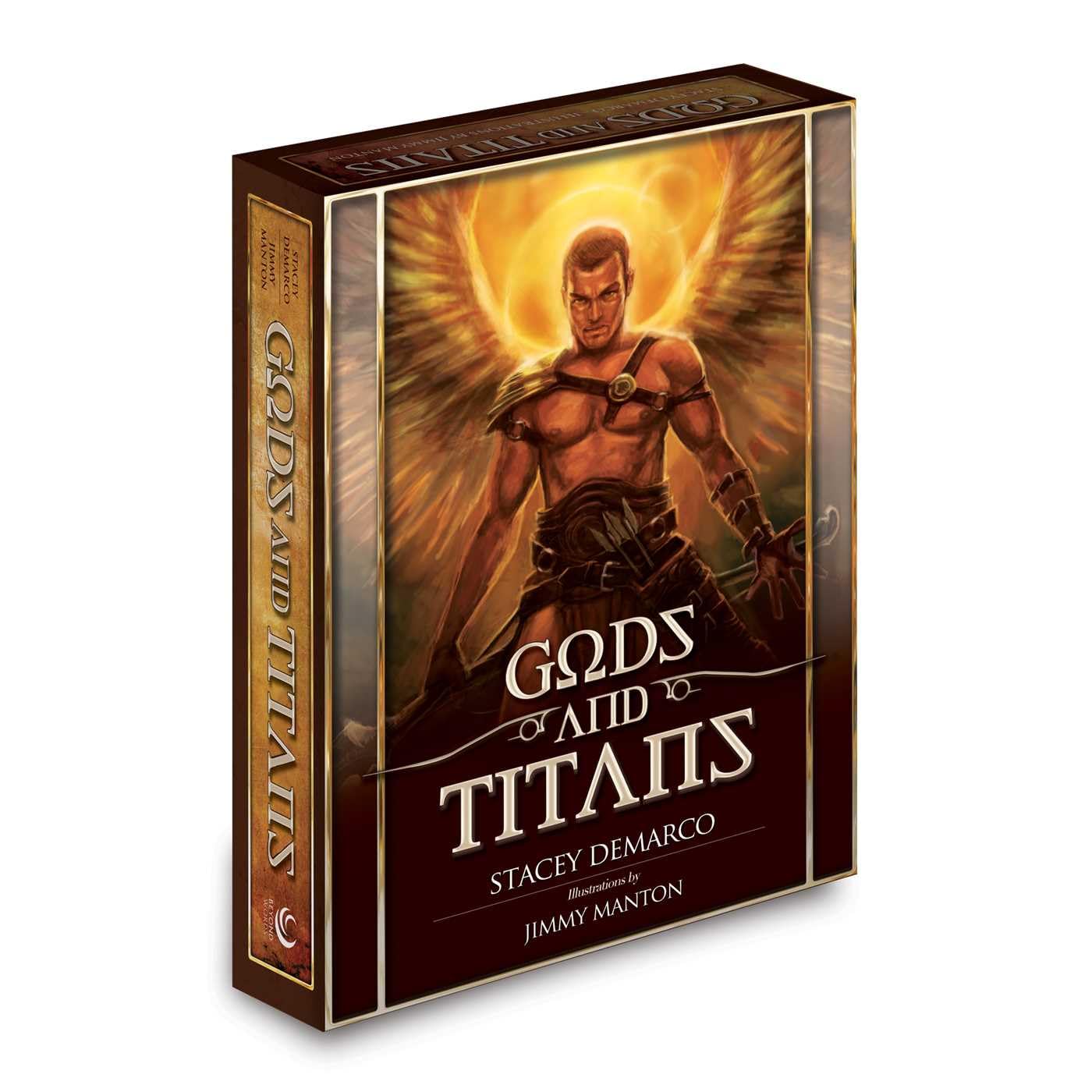 Book titled 'Gods and Titans' with a warrior illustration on the cover