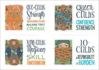 Set of tarot card illustrations with text describing their meanings.