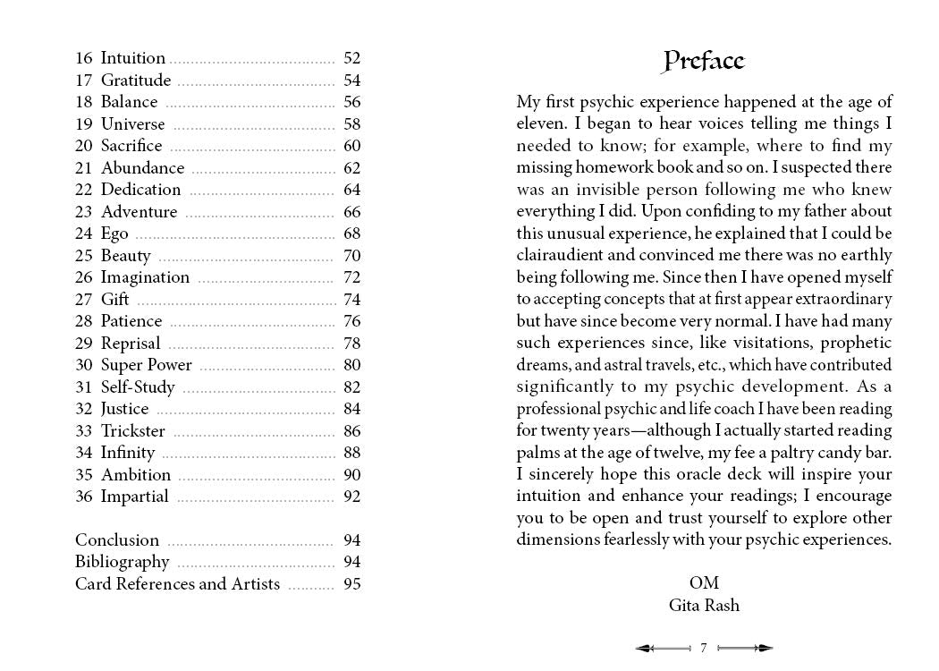 Table of contents and preface of a book on psychic experiences by Gita Rash.