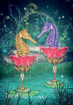 Two seahorses on pink lotus flowers with 'Two of Cups' text in a mystical underwater setting.