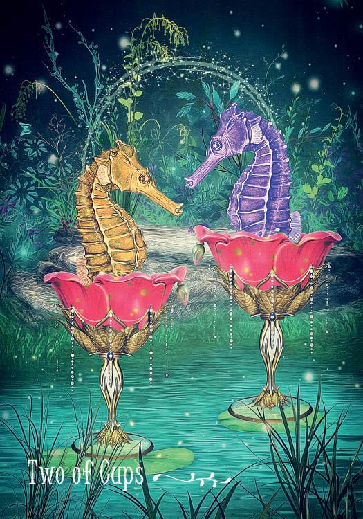 Two seahorses on pink lotus flowers with 'Two of Cups' text in a mystical underwater setting.