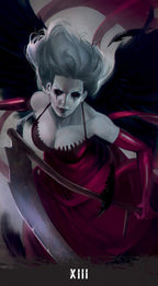 Character in a red dress with a dark background, holding a weapon.