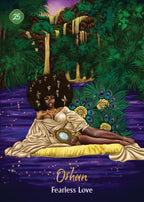 Illustrated cover art for 'Oshun - Fearless Love' card 25, featuring a Black woman with an afro reclining on a yellow cushion in a purple river, surrounded by lush green jungle foliage, peacock feathers, and gold elements.