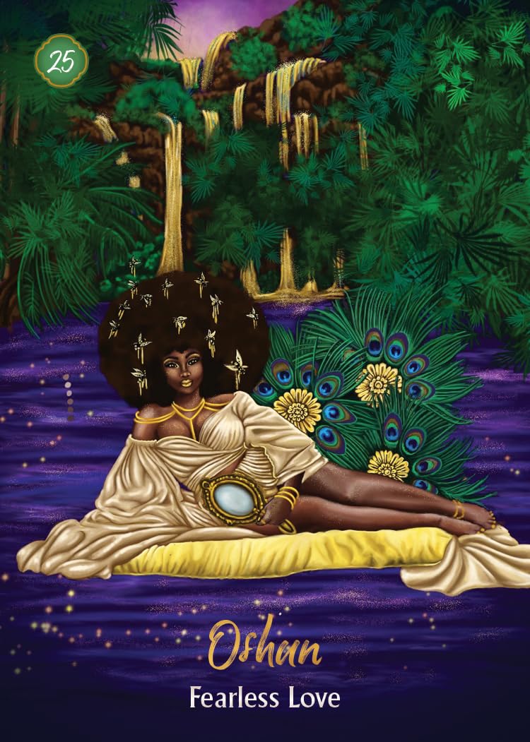 Illustrated cover art for 'Oshun - Fearless Love' card 25, featuring a Black woman with an afro reclining on a yellow cushion in a purple river, surrounded by lush green jungle foliage, peacock feathers, and gold elements.