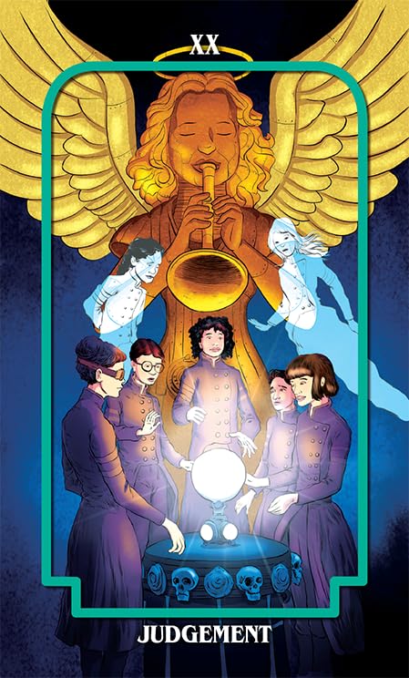 Tarot card titled 'Judgment' with angelic figure and people around a crystal ball on a dark background.