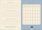 A two-page monthly planner spread with a cream-colored left page containing lined sections for priorities, goals, acknowledgments, and a quote, paired with a muted blue right page featuring a cream calendar grid for January and a small black bird logo at the bottom.