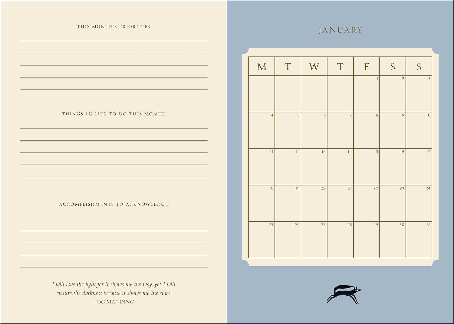 A two-page monthly planner spread with a cream-colored left page containing lined sections for priorities, goals, acknowledgments, and a quote, paired with a muted blue right page featuring a cream calendar grid for January and a small black bird logo at the bottom.