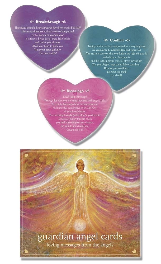 Set of guardian angel cards with heart-shaped prayer cards and a colorful card featuring an angel.