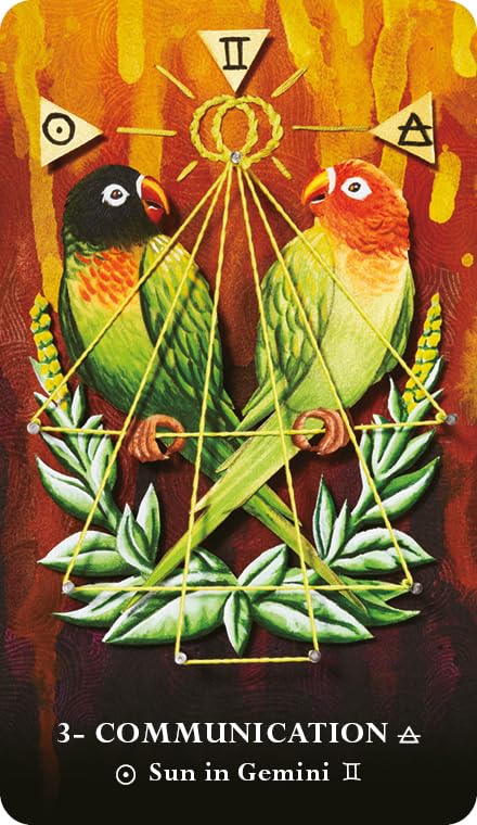 Tarot card with two parrots, geometric design, and symbols on a warm-toned background
