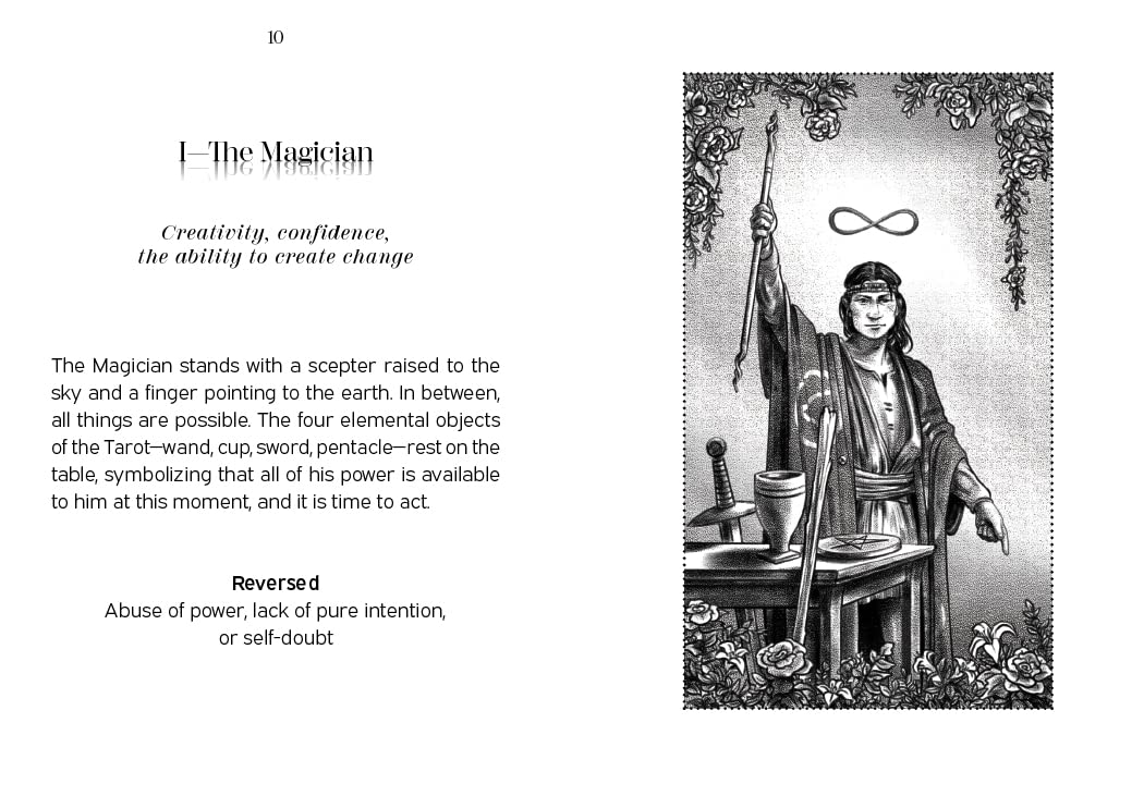 Illustration of 'The Magician' tarot card with text explaining its meaning.