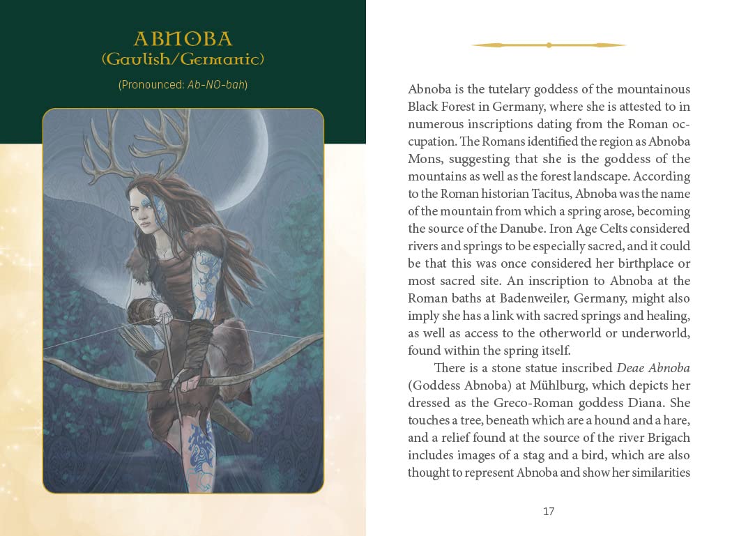 Illustration of a woman with deer antlers and warrior attire, accompanied by text about Abnoba, a goddess from Germanic mythology.
