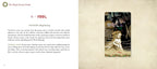 A printed spread showing the front and back of a card deck booklet or book page. The left page has a title at the top, a short description, and a block of text under the heading 'KEYWORD: Beginning.