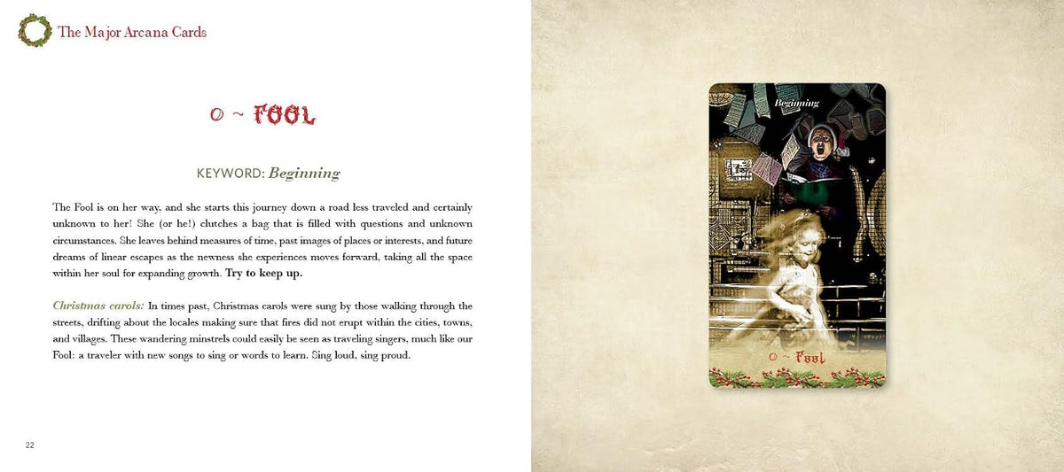A printed spread showing the front and back of a card deck booklet or book page. The left page has a title at the top, a short description, and a block of text under the heading 'KEYWORD: Beginning.