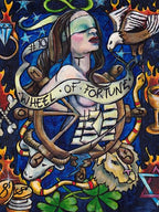 Artistic depiction of a fortune teller with 'Wheel of Fortune' banner, surrounded by symbols.