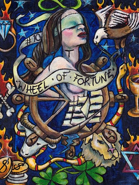 Artistic depiction of a fortune teller with 'Wheel of Fortune' banner, surrounded by symbols.