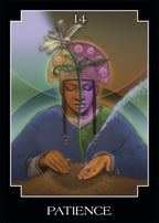 Tarot card titled 'Patience' with a person holding a feather and floral headpiece.