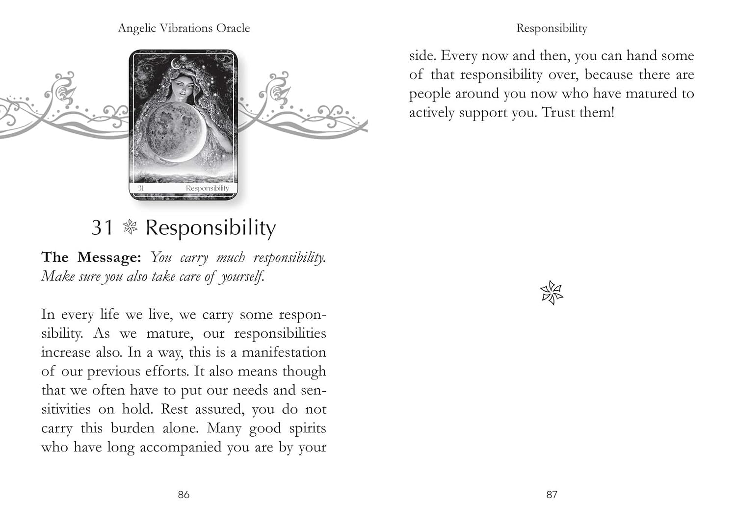 Page from an Oracle card book titled 'Responsibility' with text and a tarot card illustration.