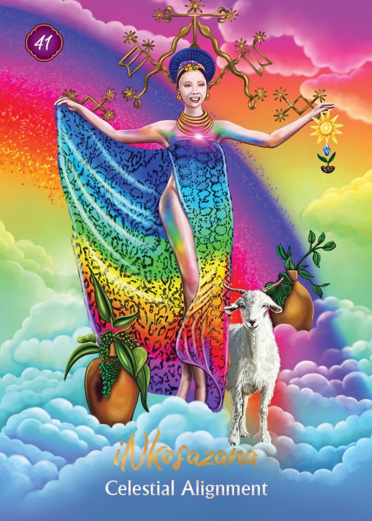 A colorful illustrated card or poster titled 'Akosazona Celestial Alignment' showing a woman in a rainbow-patterned dress standing among clouds with a goat and cosmic symbols.