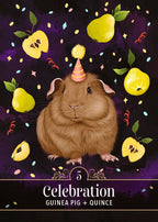 Illustration of a guinea pig wearing a party hat with quinces on a dark background