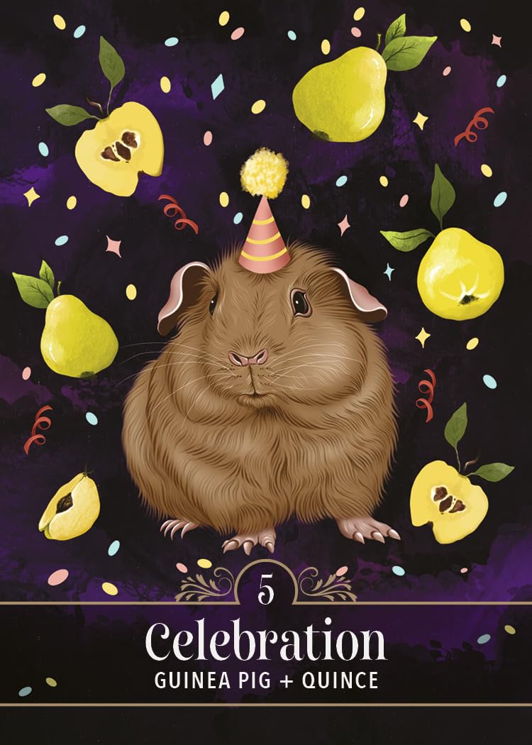 Illustration of a guinea pig wearing a party hat with quinces on a dark background