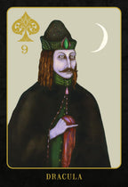 Playing card featuring a character labeled 'Dracula' with a spade symbol and number 9 on a beige background.