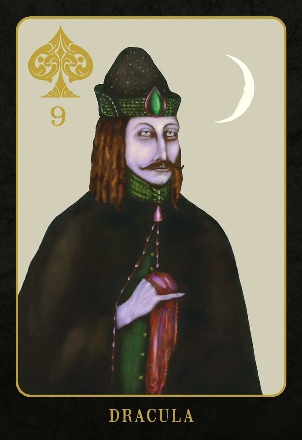 Playing card featuring a character labeled 'Dracula' with a spade symbol and number 9 on a beige background.