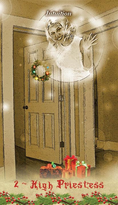 Decorative card with a door, wreath, and gifts, featuring an angelic figure above.