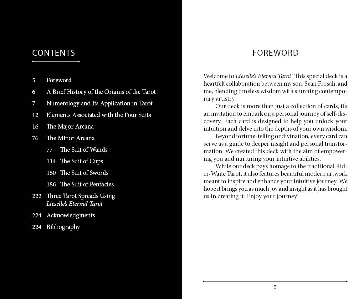 Table of contents and foreword of a tarot card deck on a white background
