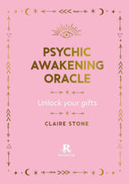 Book cover for 'Psychic Awakening Oracle' by Claire Stone, featuring a pink background with gold and white text and decorative bohemian-style symbols.
