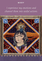 Decorative card with a stylized portrait and text on a purple background
