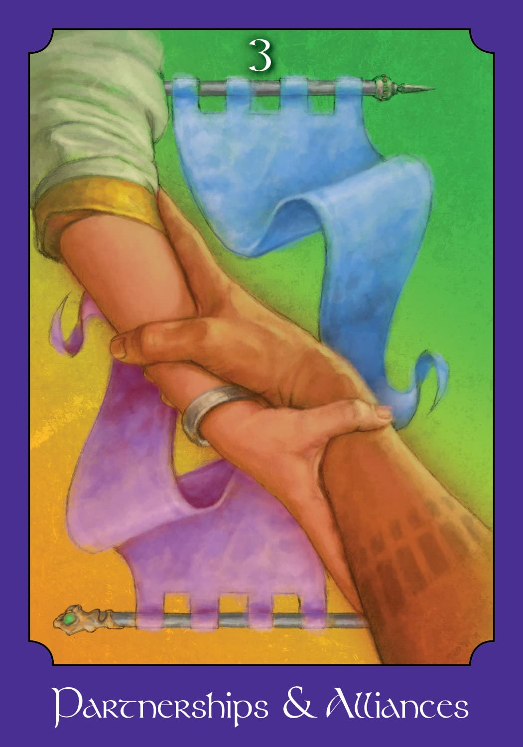 Card from a tarot deck titled 'Partnerships & Alliances' with two hands holding a blue and purple object.
