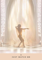 Silhouette of a dancer in front of a draped curtain with 'Just Watch Me' text at the bottom.