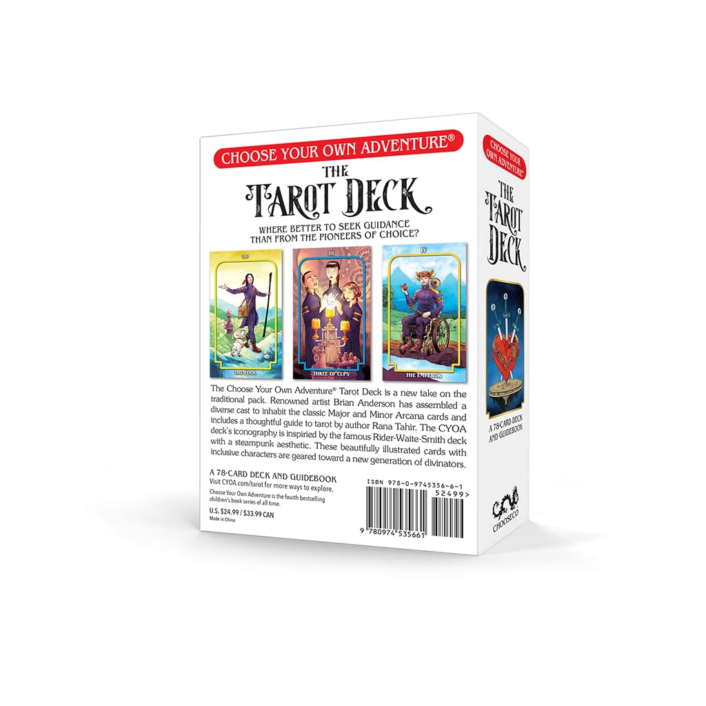 Tarot card deck packaging with colorful illustrations on a white background